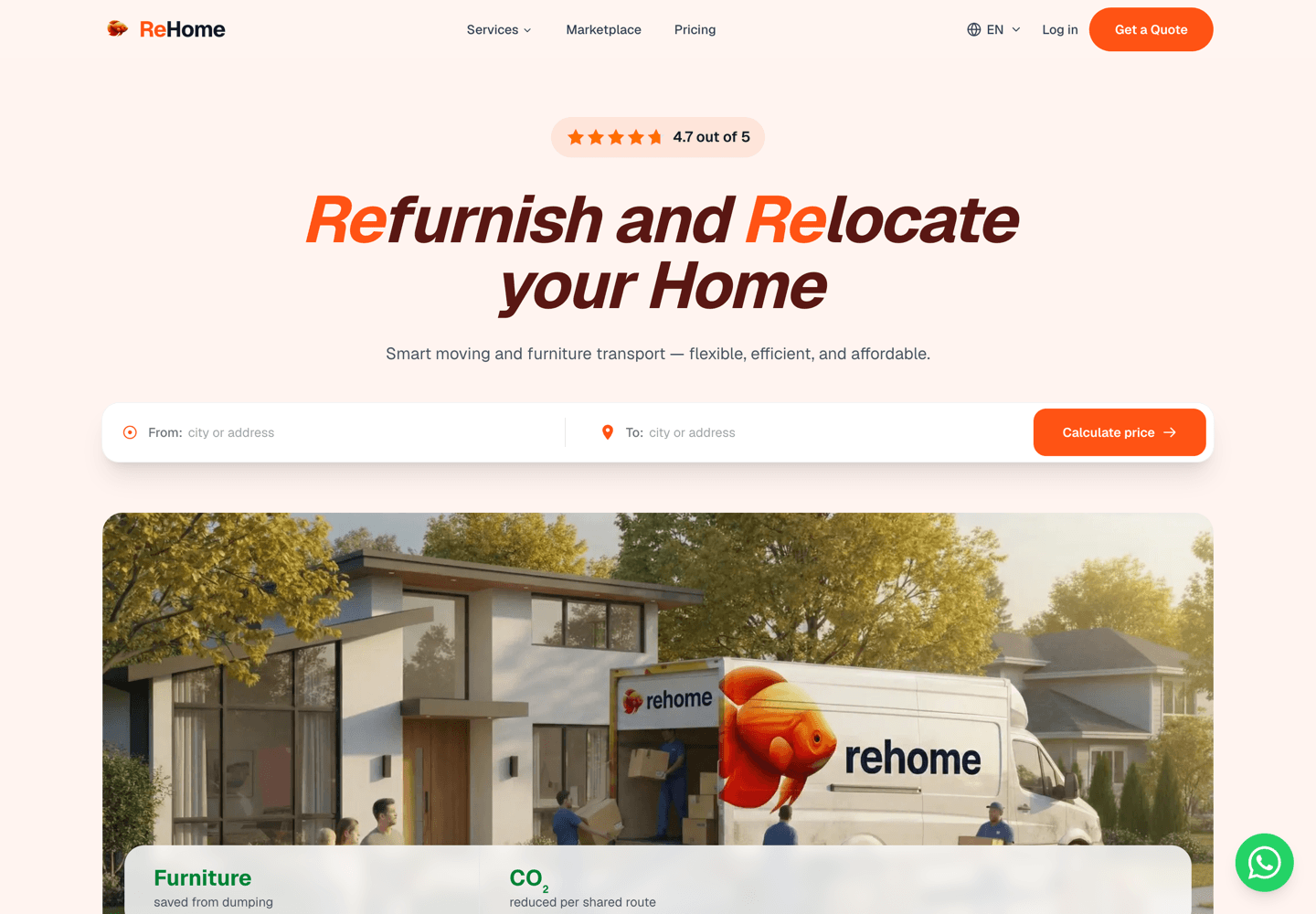 The rebuilt Rehome homepage: a calm layout, rating at the top, a from and to field, and a real photo of the team loading a van