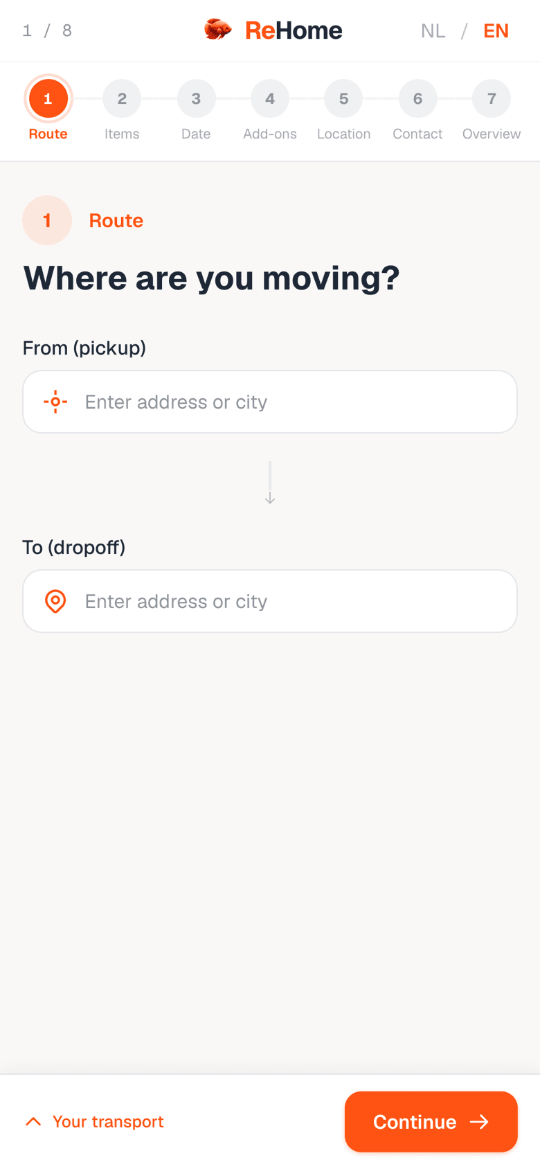 The rebuilt Rehome calculator on a phone: a clean seven step bar, two address fields and a sticky Continue button with a running transport summary