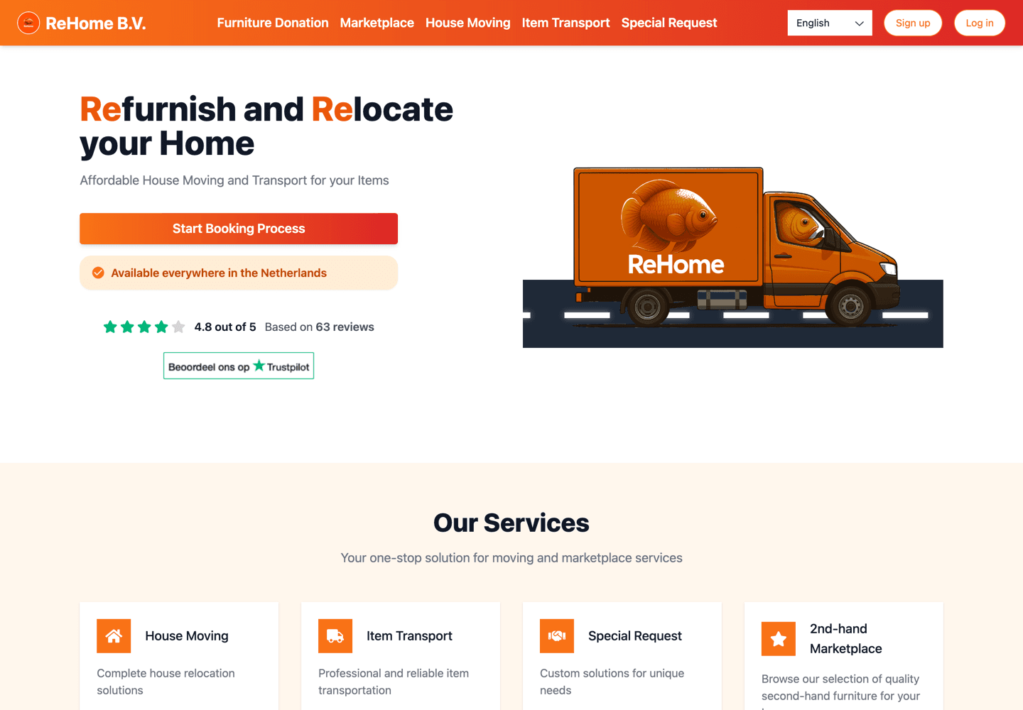 The old Rehome homepage: an orange navigation bar, a cartoon van illustration and a Start Booking Process button